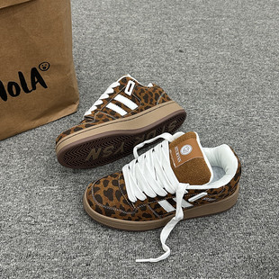 学生休闲运动面包鞋 美式 新款 ins2025秋季 女 小众豹纹百搭复古板鞋
