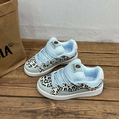 原创白冰蓝小众拼色豹纹面包鞋