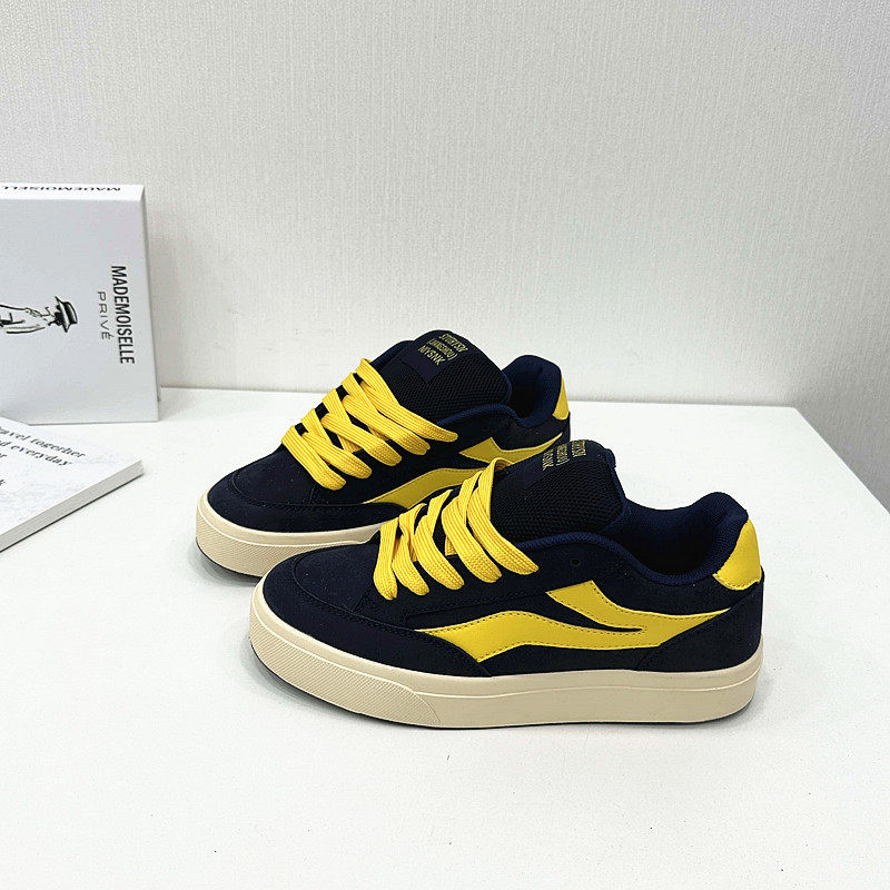 韩版百搭厚底深蓝黄拼色面包鞋男女款情侣小众滑板鞋ins2026新款,流行男鞋,休闲板鞋,淘宝优惠券,粉丝福利购,淘宝优惠卷