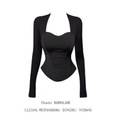 美式 辣妹收腰显瘦性感方领长袖 T恤女秋季 大码 鱼骨内搭打底衫 上衣