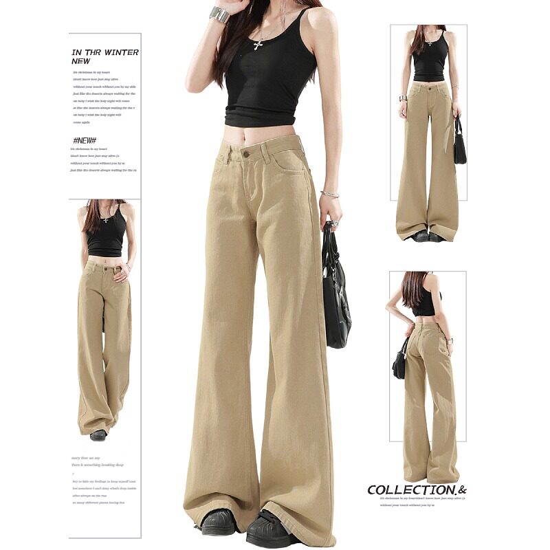 大码美式卡其色微喇牛仔裤女2025新款不贴腿宽松显瘦阔腿喇叭裤子,女装/女士精品,牛仔裤,淘宝优惠券,粉丝福利购,淘宝优惠卷