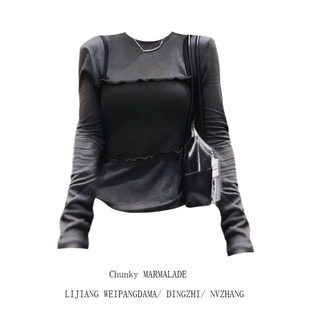 大码胖MM韩系风叠穿感假两件圆领显瘦长袖T恤女秋季修身打底上衣