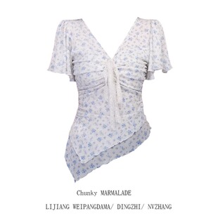 女2026夏季 雪纺衫 不规则设计感上衣 胖妹妹纯欲风碎花系带短袖 大码