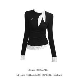 显瘦内搭假两件打底衫 大码 修身 t恤女秋季 韩系蝴蝶结波点拼接长袖