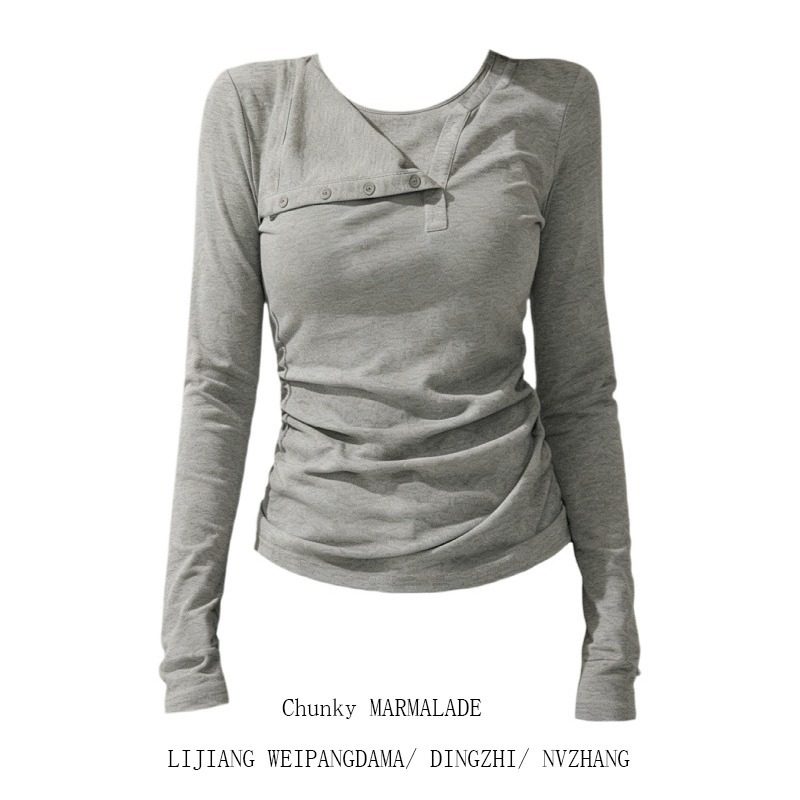 大码胖MM设计感假两件长袖T恤女灰色纽扣装饰修身打底衫百搭上衣,女装/女士精品,大码内搭,淘宝优惠券,粉丝福利购,淘宝优惠卷