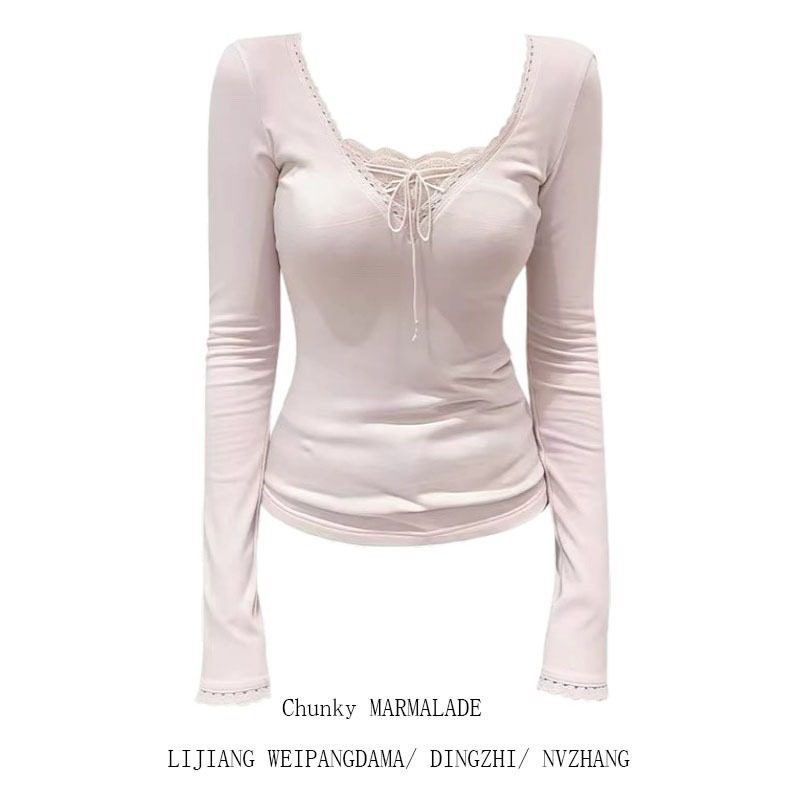 大码粉色绑带V领假两件长袖T恤女2026甜辣妹修身设计感打底衫上衣,女装/女士精品,大码内搭,淘宝优惠券,粉丝福利购,淘宝优惠卷