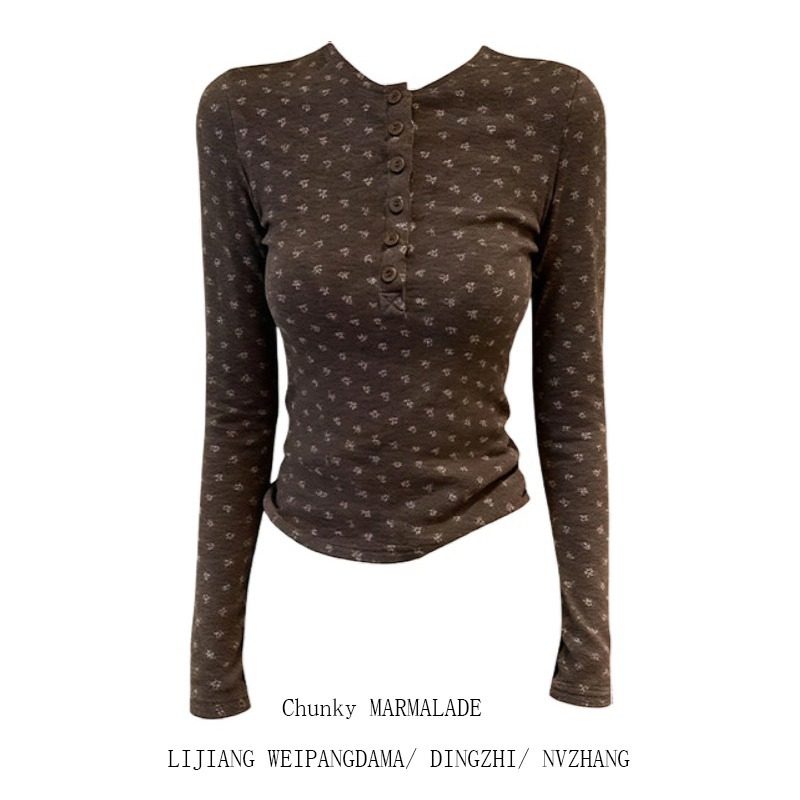 大码韩系亨利领纽扣碎花长袖T恤女2026年新款修身显瘦打底衫上衣,女装/女士精品,大码内搭,淘宝优惠券,粉丝福利购,淘宝优惠卷