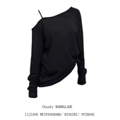 大码 不规则辣妹斜肩上衣 T恤女秋季 胖MM早秋款 慵懒风宽松显廋长袖