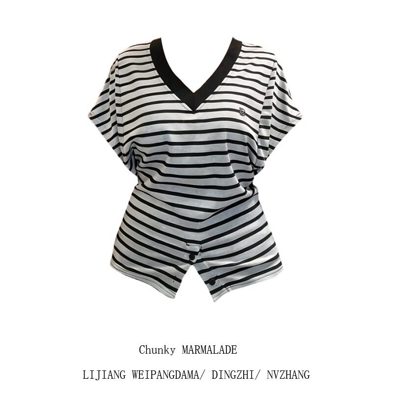 大码胖mm韩系慵懒感条纹v领短袖T恤夏季超好看百搭收腰蝙蝠袖上衣