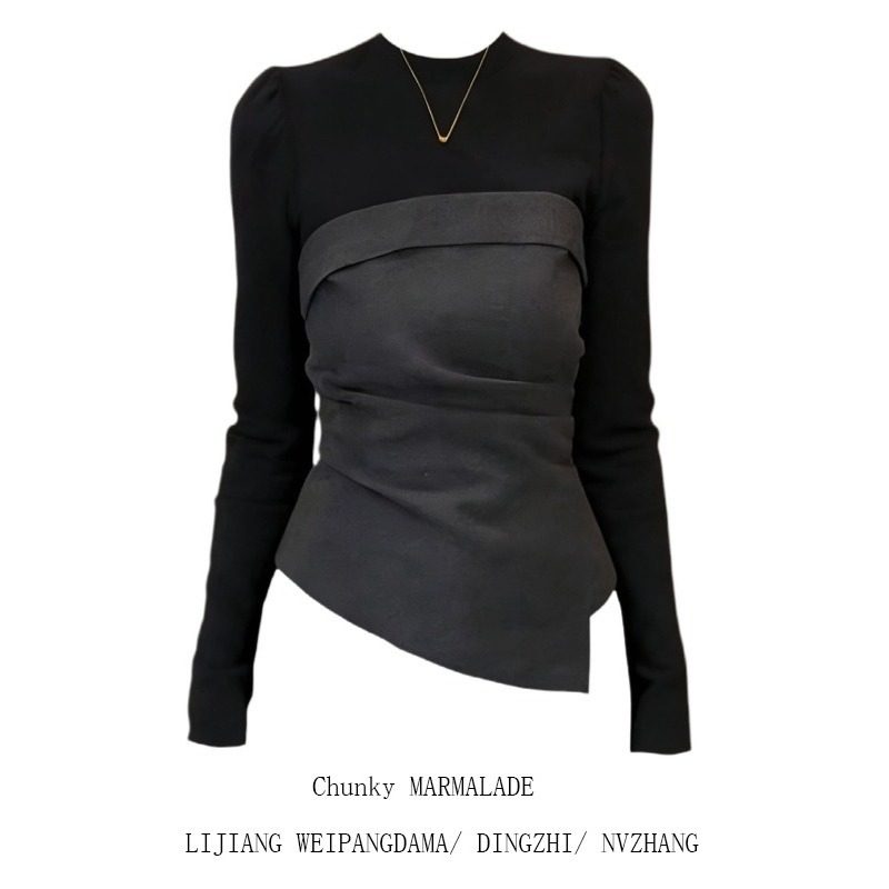 大码胖MM2026新款黑色拼接长袖T恤女修身设计感小众打底衫上衣ins,女装/女士精品,大码内搭,淘宝优惠券,粉丝福利购,淘宝优惠卷