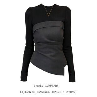设计感小众打底衫 大码 T恤女修身 黑色拼接长袖 上衣ins 胖MM2026新款