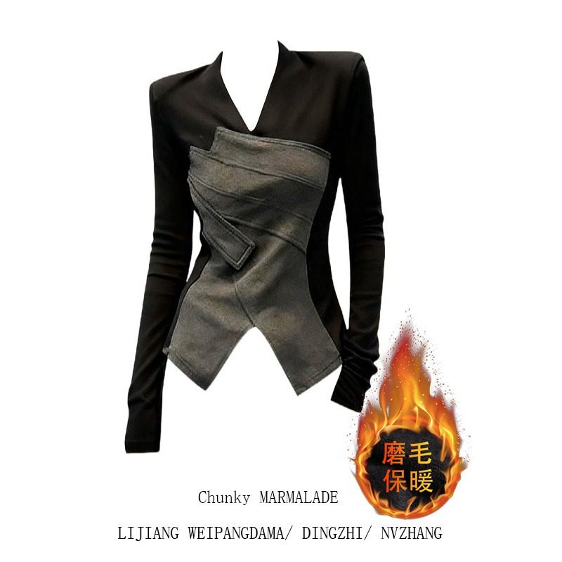大码辣妹不规则假两件长袖t恤女秋冬修身显瘦设计感加绒磨毛上衣