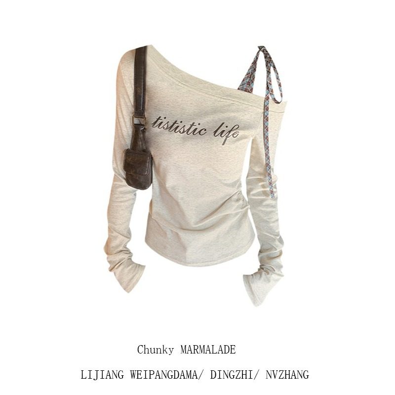 大码花灰色斜肩长袖t恤女早秋新款格子绑带百搭修身显瘦收腰上衣,女装/女士精品,大码内搭,淘宝优惠券,粉丝福利购,淘宝优惠卷