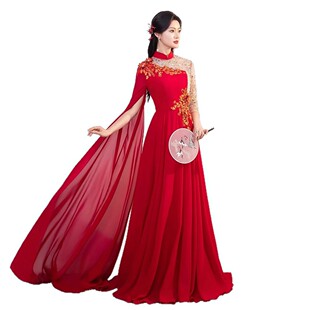 大合唱团演出服红色成人女弹古筝民乐演奏礼服主持人表演比赛独唱
