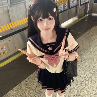 蝴蝶结学院风海军领短袖 上衣夏季 新款 jk制服百褶裙学生甜美两件装