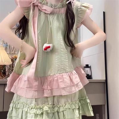 小飞袖蝴蝶结衬衫连衣裙子女夏季2025新款小个子甜美蛋糕短裙套装