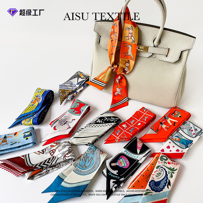 18姆米真丝斜纹丝巾优雅骑士马印花H丝巾长条绑包缠手柄飘带领巾