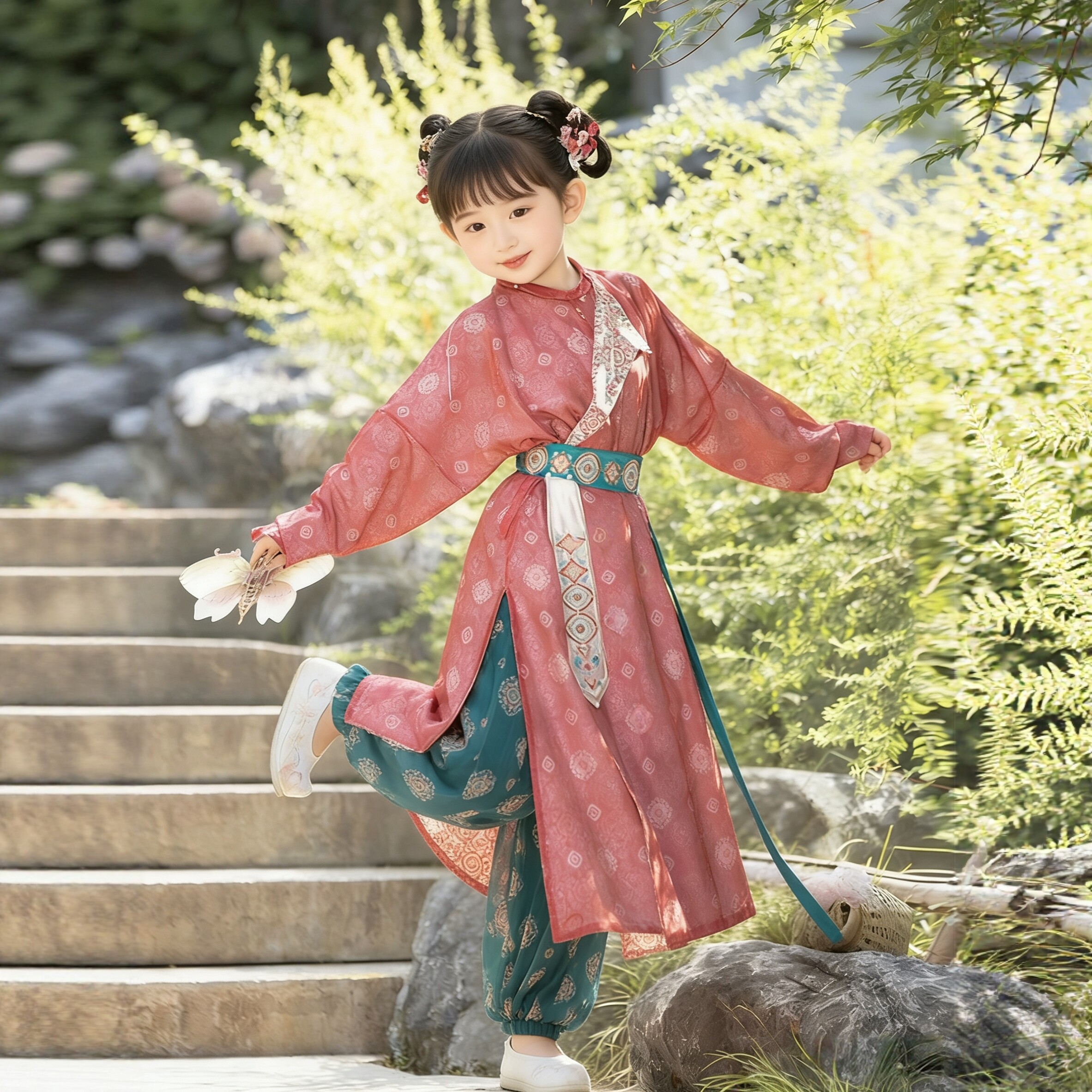春秋薄款汉服女童长袖超仙唐装新中式圆领袍古风儒裙女宝套装演出