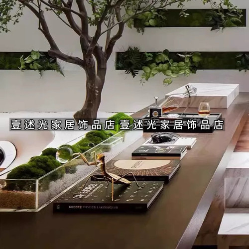 现代轻奢样板间酒具套装搭配雪茄烟灰缸苔藓盆栽茶几创意软装摆件