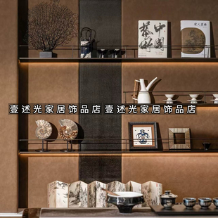 新中式样板间茶室展示柜高级感软装搭配海树木化茶壶茶杯组合摆件