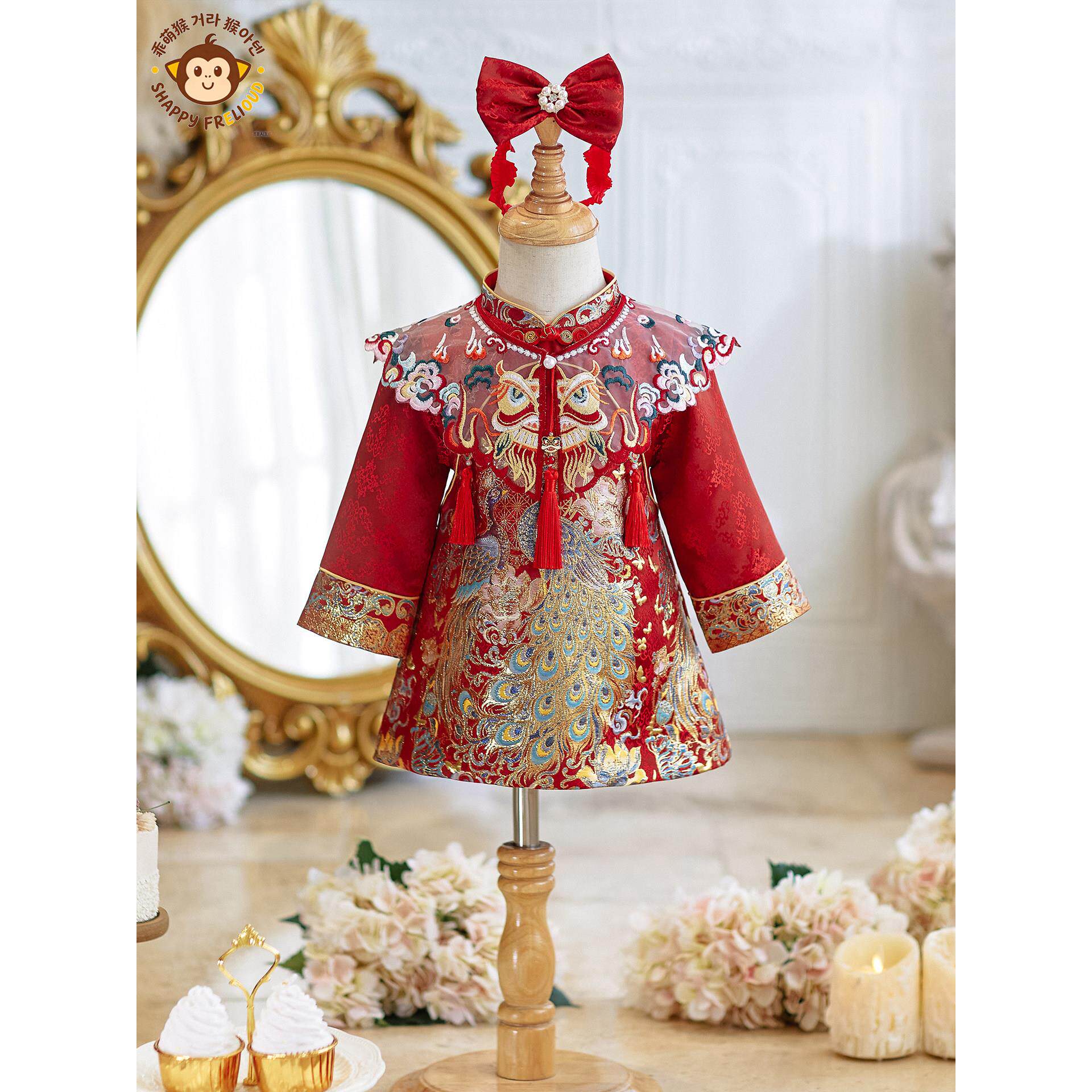 韩国G MENGHOU一周岁女宝宝礼服婴儿百天生日抓周宴旗袍裙红色喜