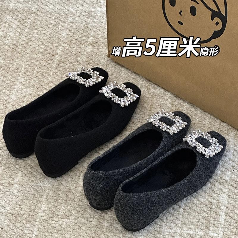 隐形增高5厘米韩系小众仙女浅口水钻毛呢单鞋女气质冬外穿毛毛鞋