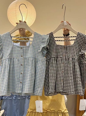 夏上新!【Miss Lin】甜美风方领格纹短款飞飞袖小衫  Z8288#  GLP