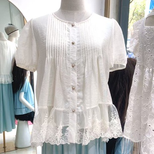 【MissLin】2025新款蕾丝拼接通勤显瘦百搭短袖衬衫上衣女Z82632
