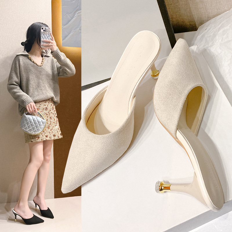 36-45码 大码女鞋44时尚毛毛包头半拖女43百搭性感酒杯跟高跟拖41