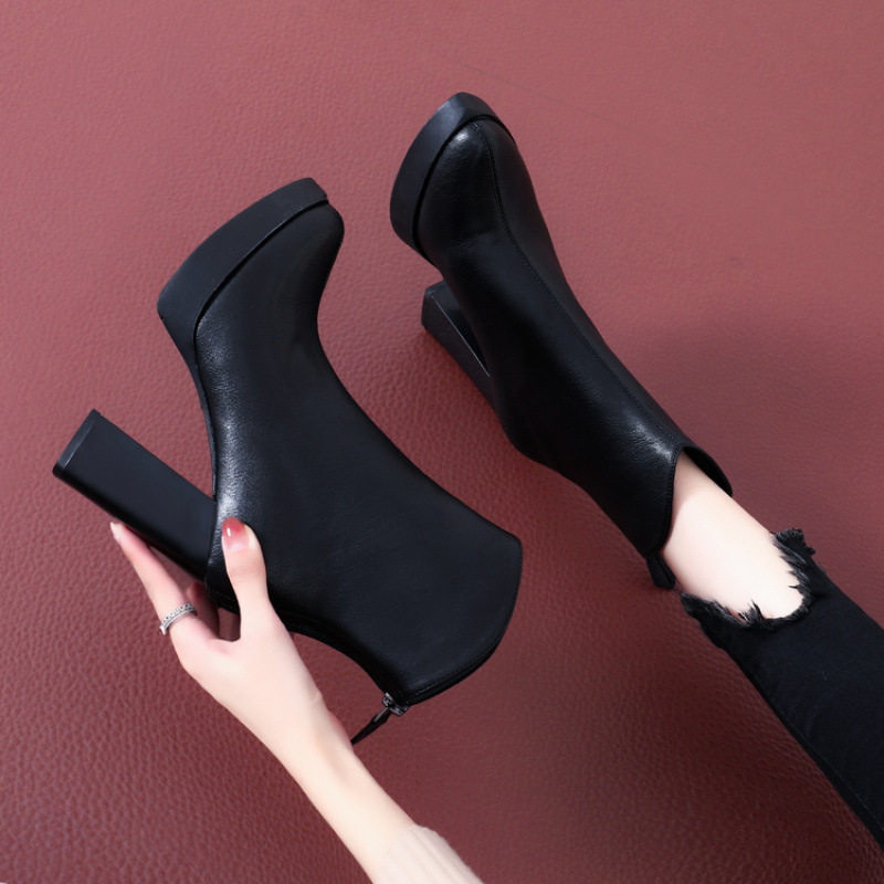 防水台黑色高跟鞋女秋冬季2023年新款短靴冬天鞋子加绒粗跟马丁