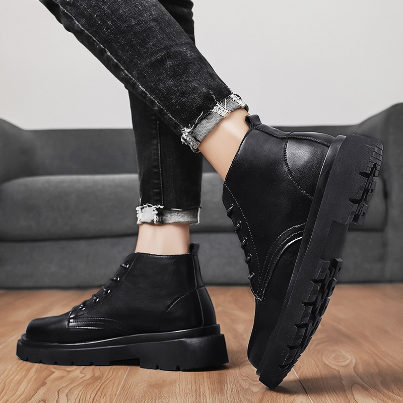 男鞋2025新款秋冬季厚底高帮皮鞋男款商务正装休闲百搭黑色马丁