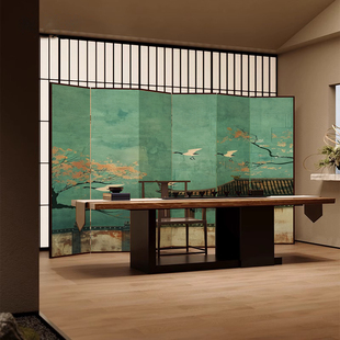 新中式仙鹤实木折叠屏风隔断客厅装饰宋代美学沙发背景墙移动遮挡