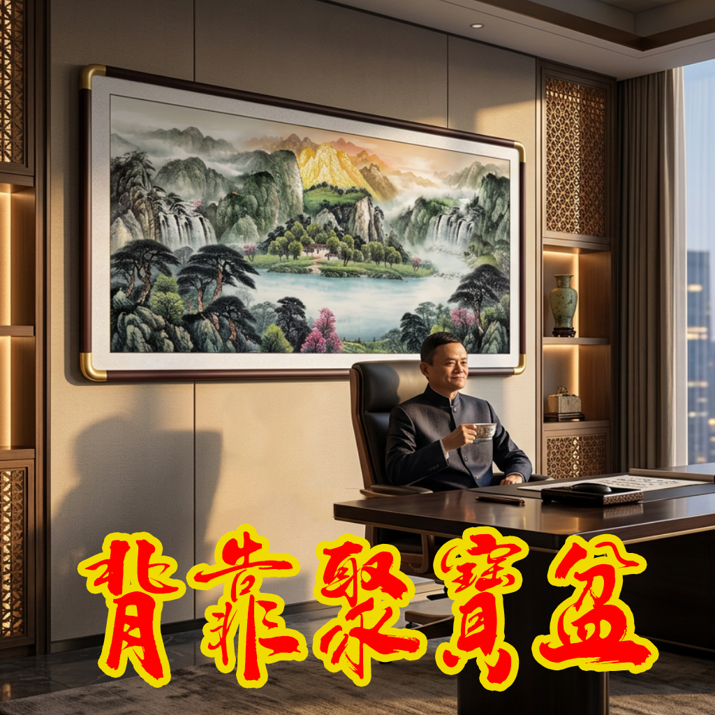 中式山水画办公室聚宝盆沙发背景墙装饰画圆角实木框挂画风水画