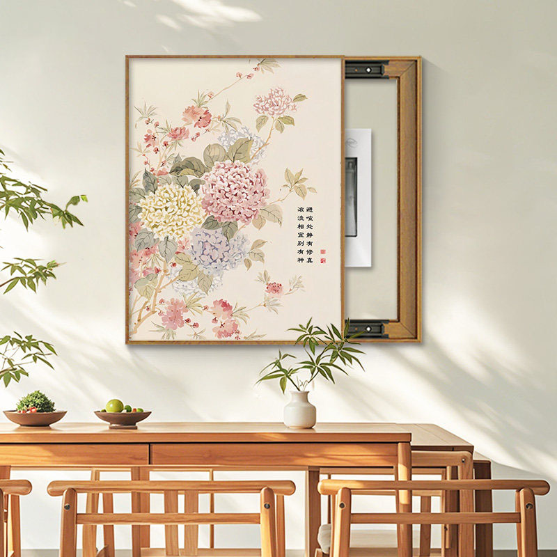 新中式花卉竖版电表箱遮挡装饰画图片