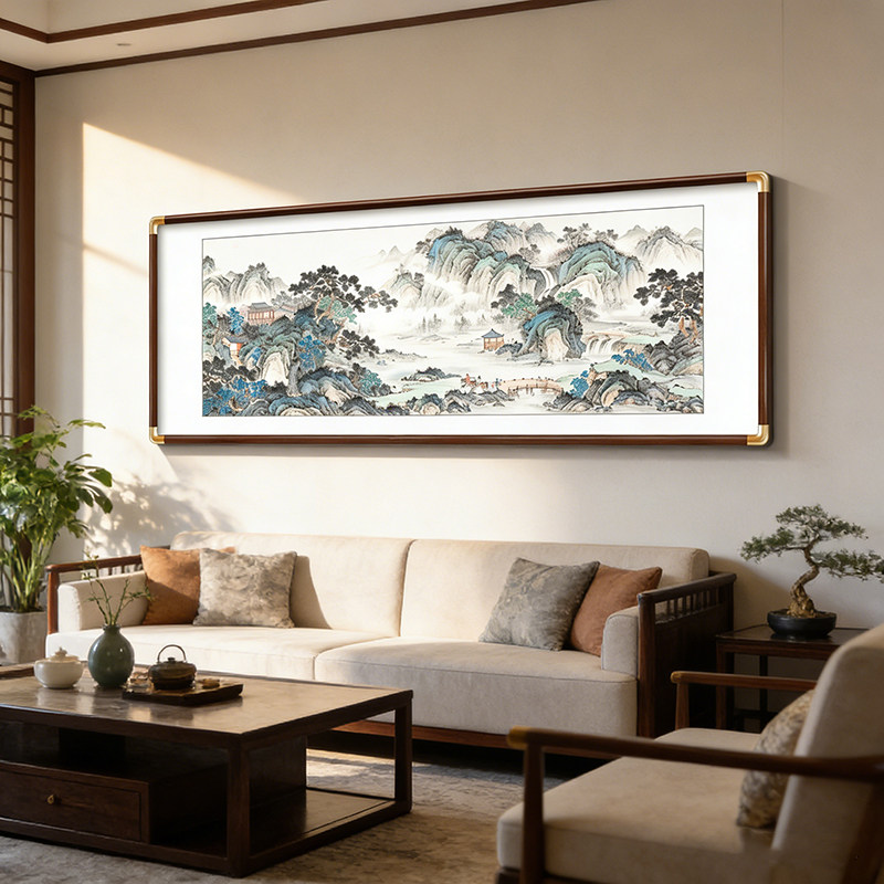新中式山水画圆角客厅装饰画仿手绘横版壁画餐厅书房茶室仿古挂画