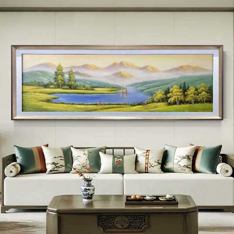 日照金山客厅装饰画山水风景手绘油画西墙沙发背景墙挂画新款壁画