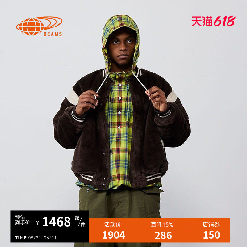BEAMS男装连帽格纹上衣2025冬季新款时尚潮男格子连帽衫110312XP