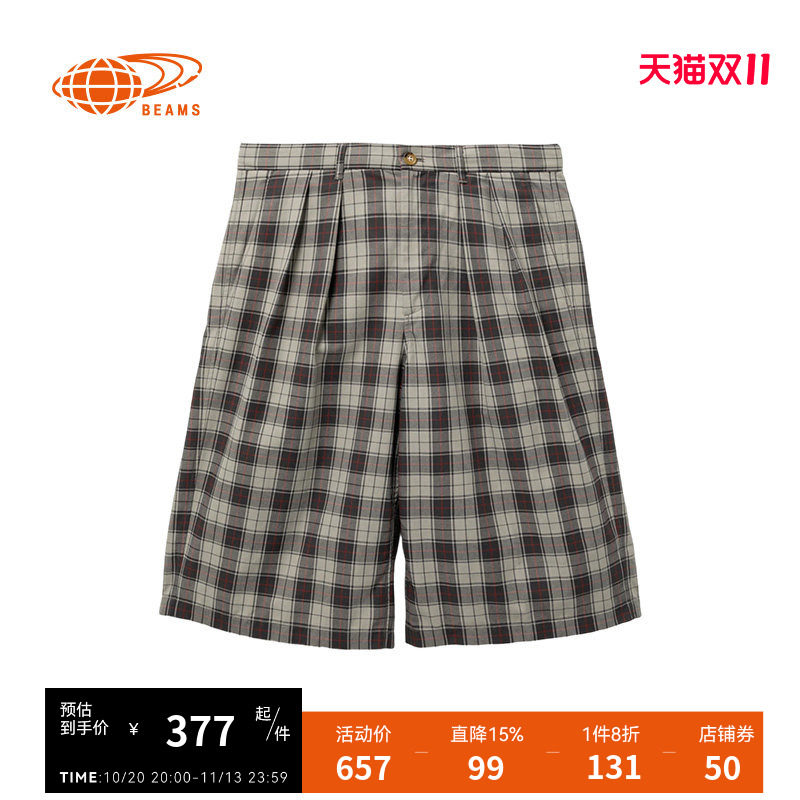BEAMS格纹阔腿裤短裤复古日潮