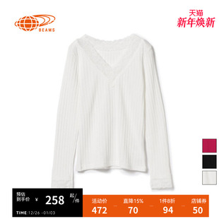 新款 女装 V领纯色长袖 T恤时尚 RAY 洋气上衣蕾丝边内搭打底衫 BEAMS