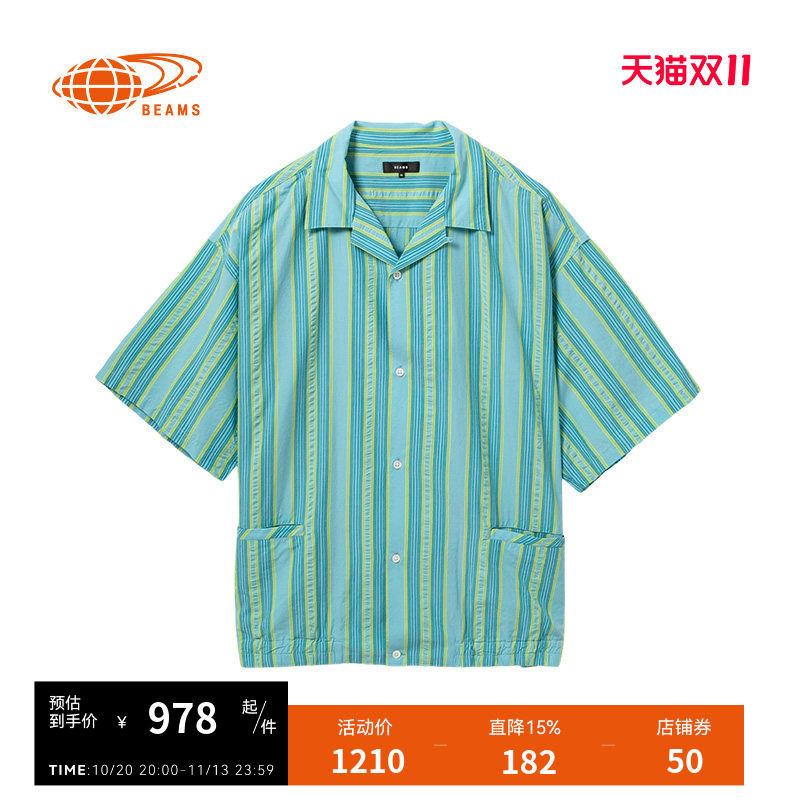 BEAMS竖条纹短袖衬衫复古日潮
