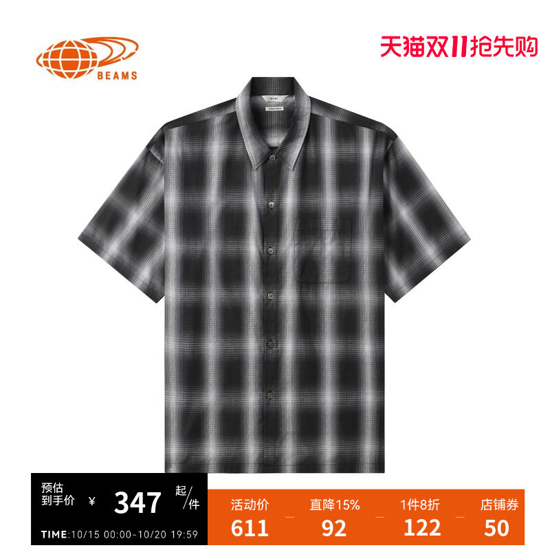 BEAMS男装格纹短袖衬衫夏季复古型男格子上衣010196XO