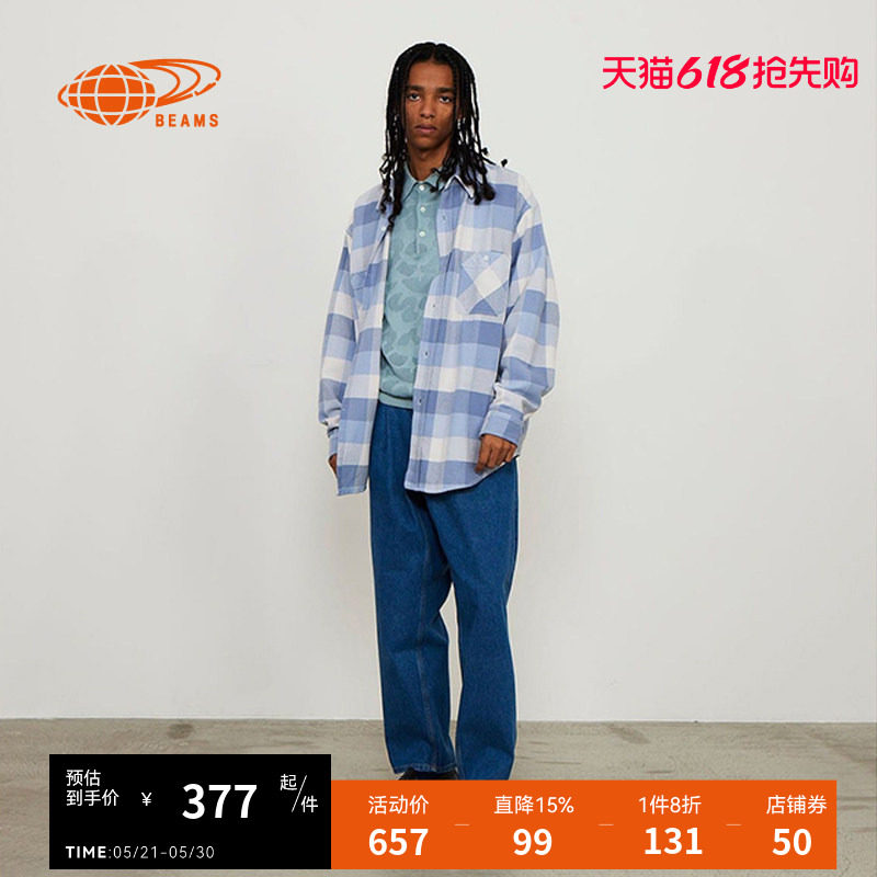 BEAMS男装长袖格纹衬衫2025春季新款复古日系格子上衣110275XO