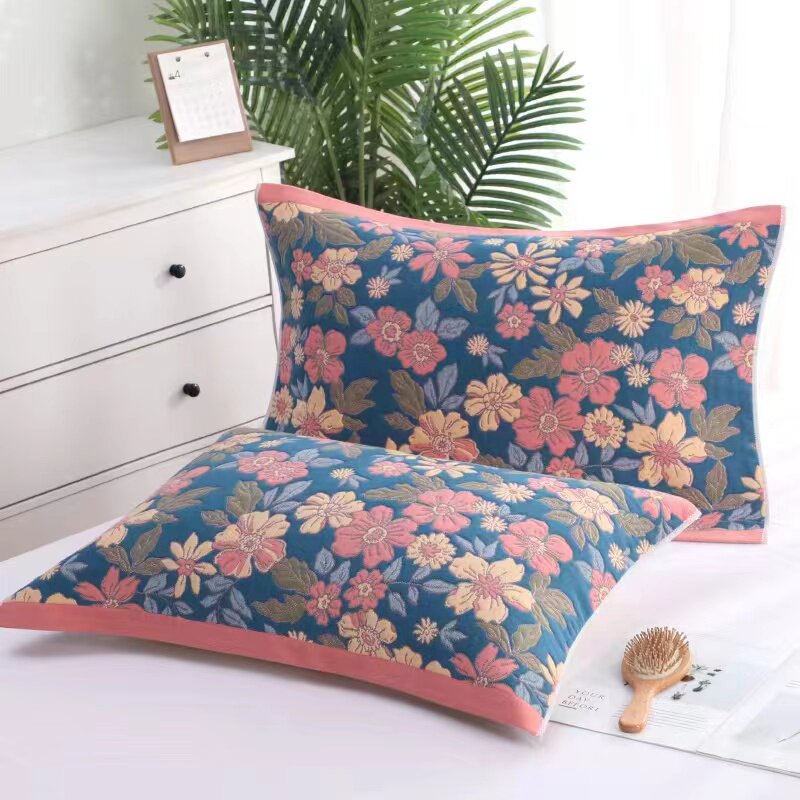 家用枕巾八层纱布一对装单人棉涤棉成人加大加厚学生家用格子吸汗