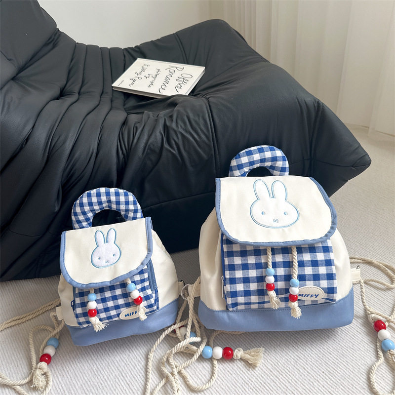 ins可爱兔子蓝色格子拼色儿童背包男女宝宝户外出游大容量双肩包