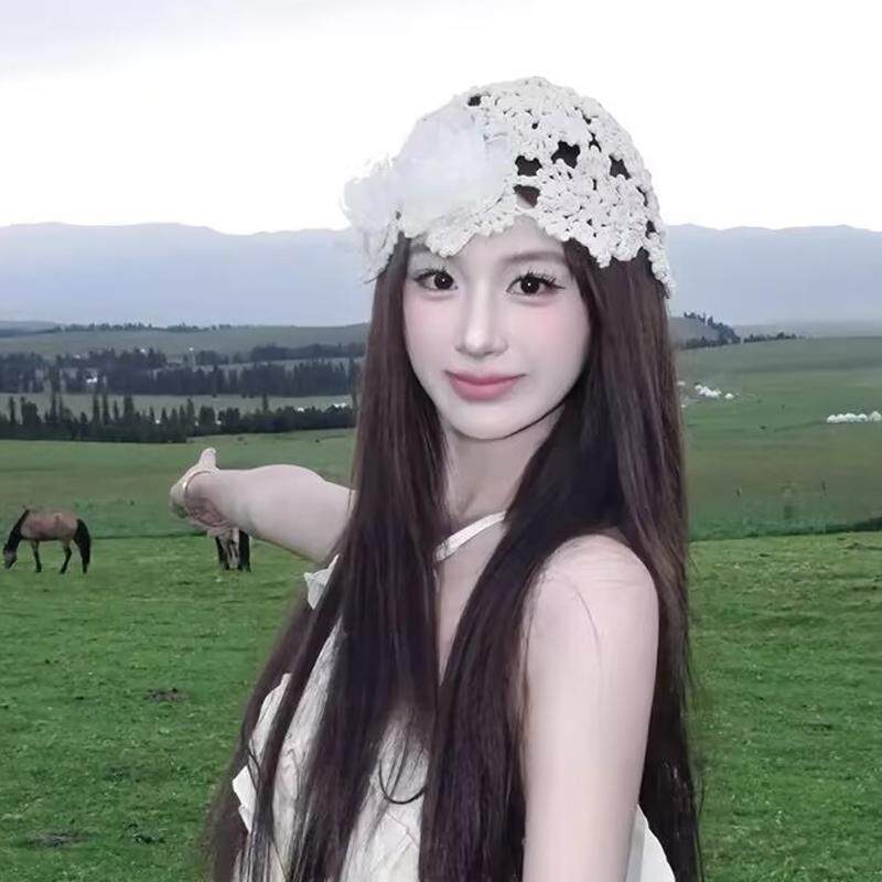 蕾丝花朵镂空针织帽女夏季百搭显脸小手工钩织帽旅游包头毛线帽子