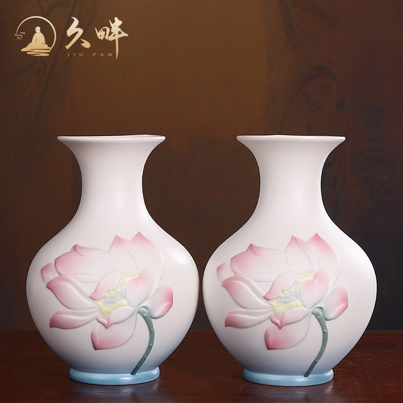 久畔陶瓷青粉莲花瓶家用客厅供奉观音佛前佛具用品摆件装饰插花瓶