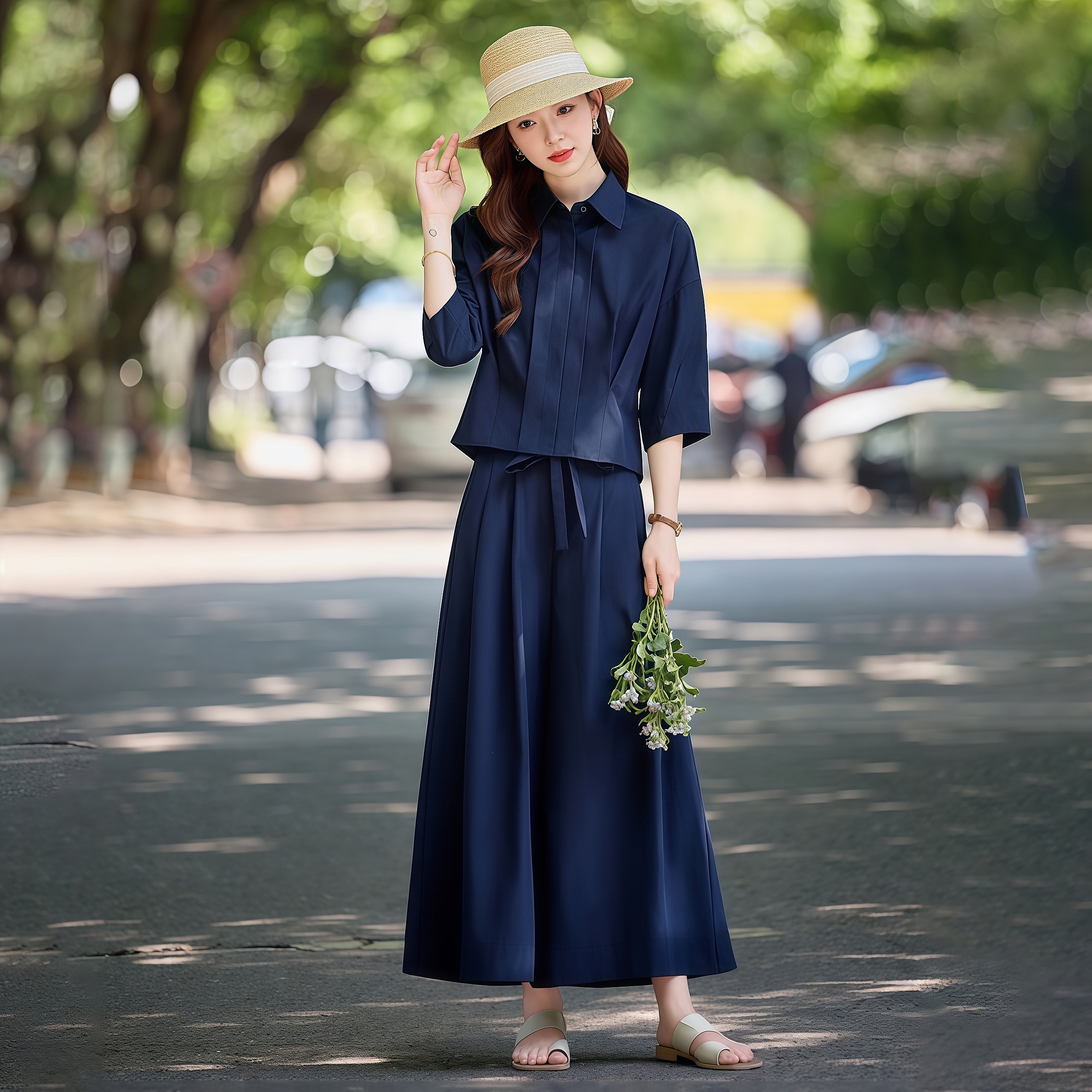 藏青色气质百搭休闲翻领时髦套装