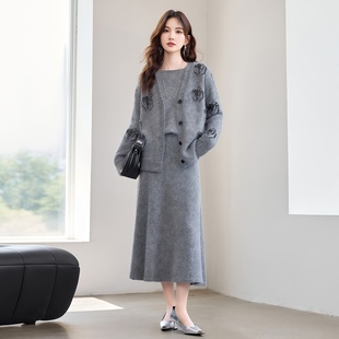 时尚 半身裙三件套 重工灰色针织套裙女小个子气质圆领亮片温柔开衫