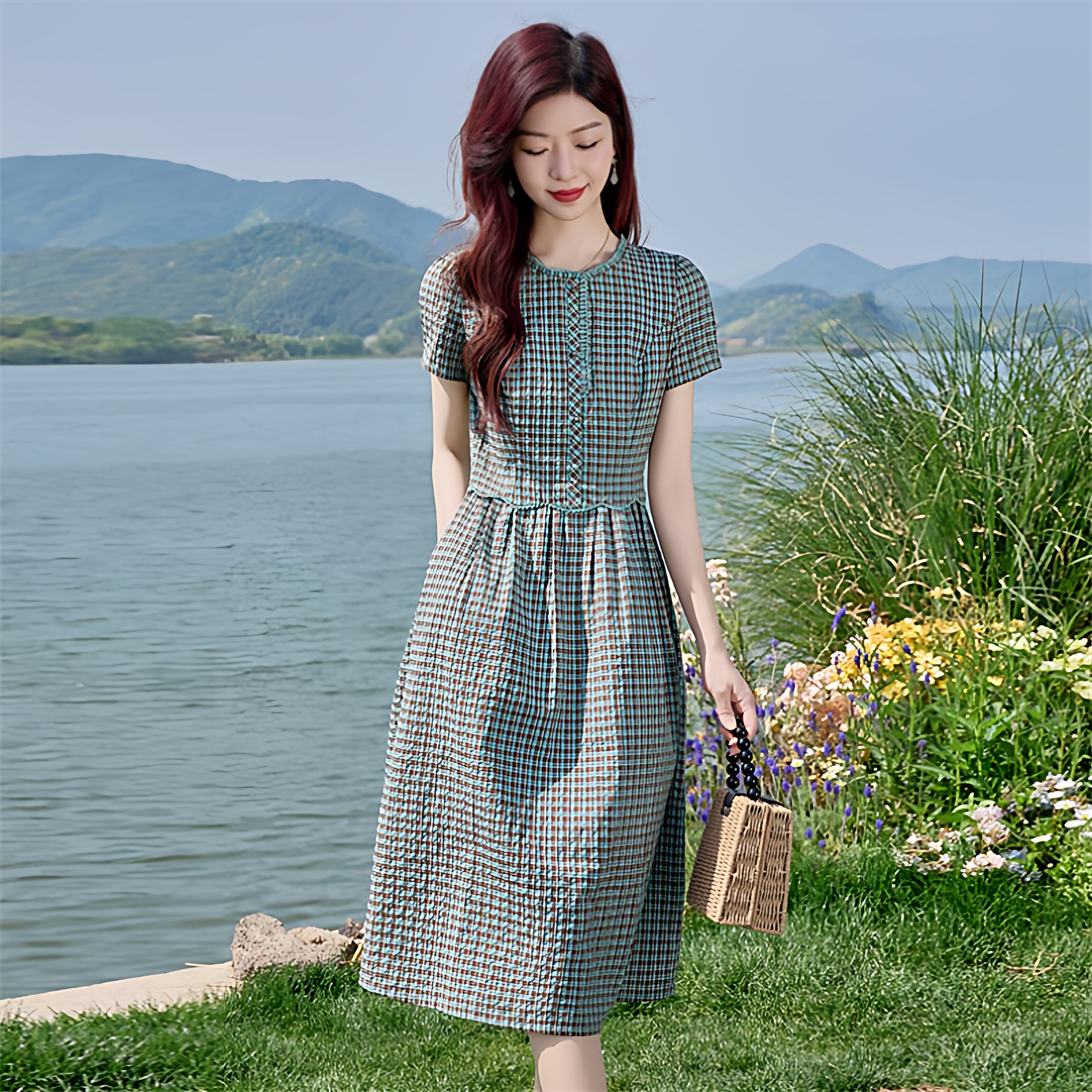 时尚格子短袖连衣裙女25夏新款高腰修身洋气减龄休闲棉麻长款裙子