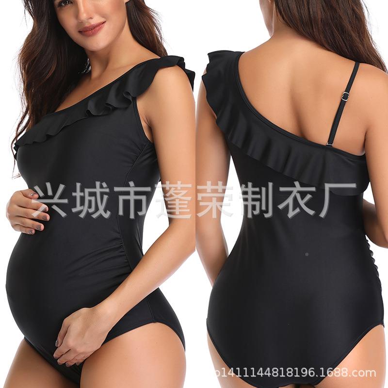 2020年女厂士孕YF003妇斜飞肩边欧泳美性感连体纯色衣泳装家